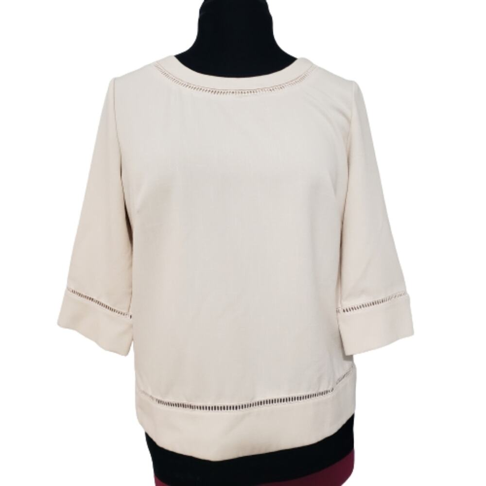 Norm Thompson Petite‎ Cutout Eyelet Beige 3/4 Sleeve Button Keyhole Blouse PM